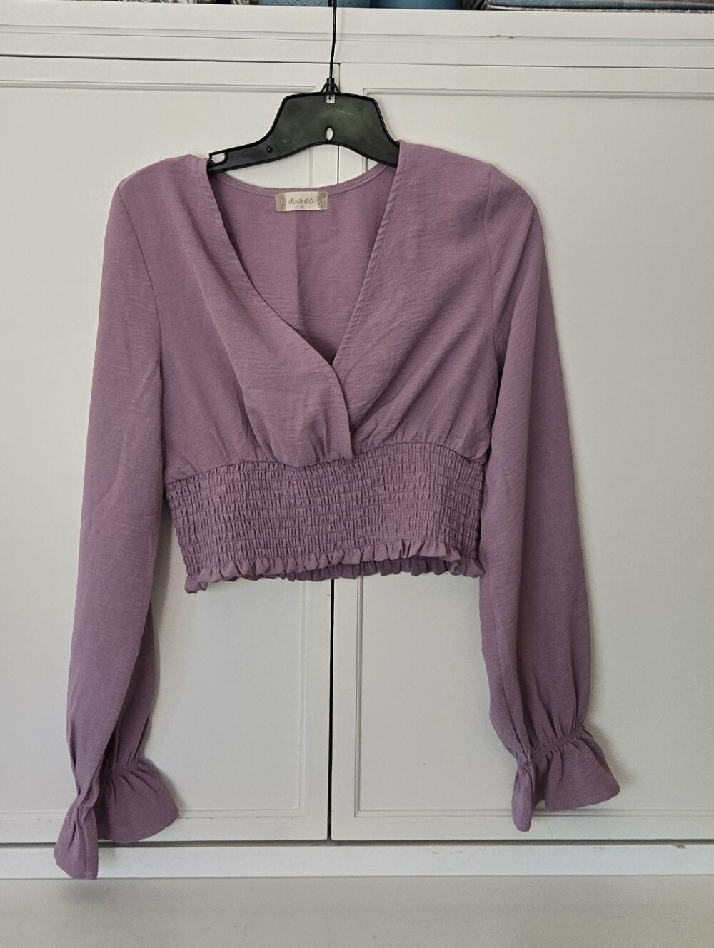Altar'd State Lavender Smocked-Waist Long Sleeve Crop Top